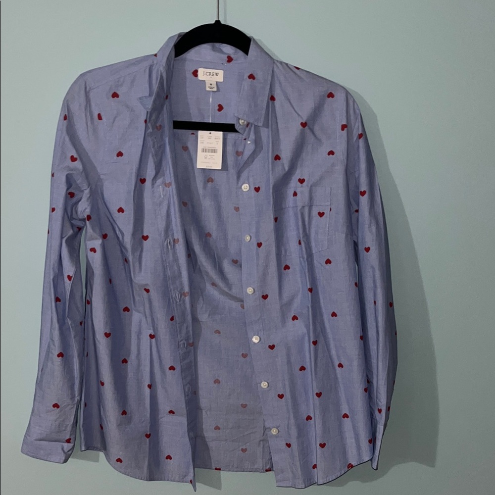 J. Crew Light Blue Shirt with Red Heart Design